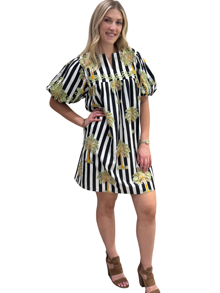 The Poppy Striped Palm Print Dress in Black and White — view 4