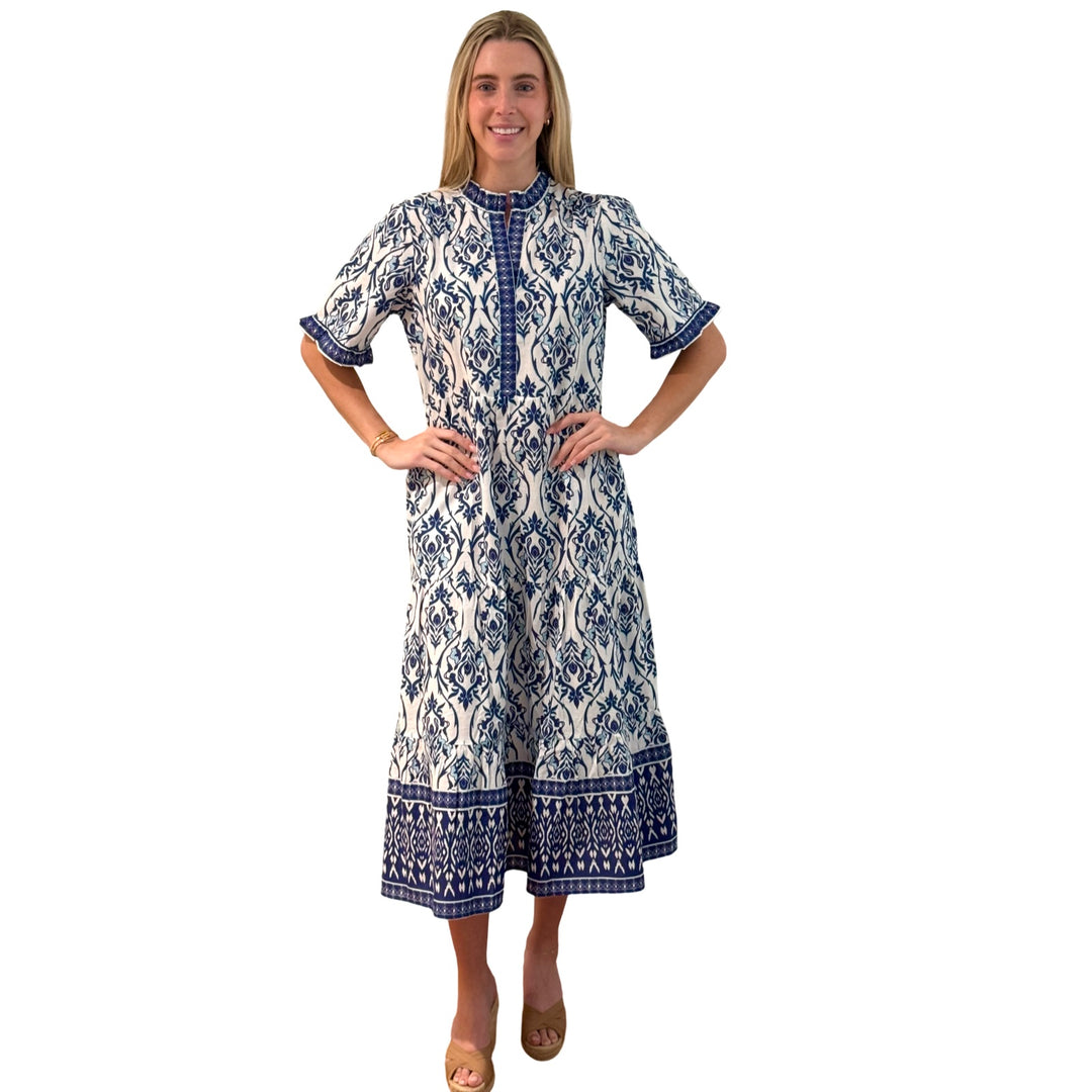 The Campbell Short Sleeve Long Hand Blocked Floral Border Print Dress in Blue and White — view 4