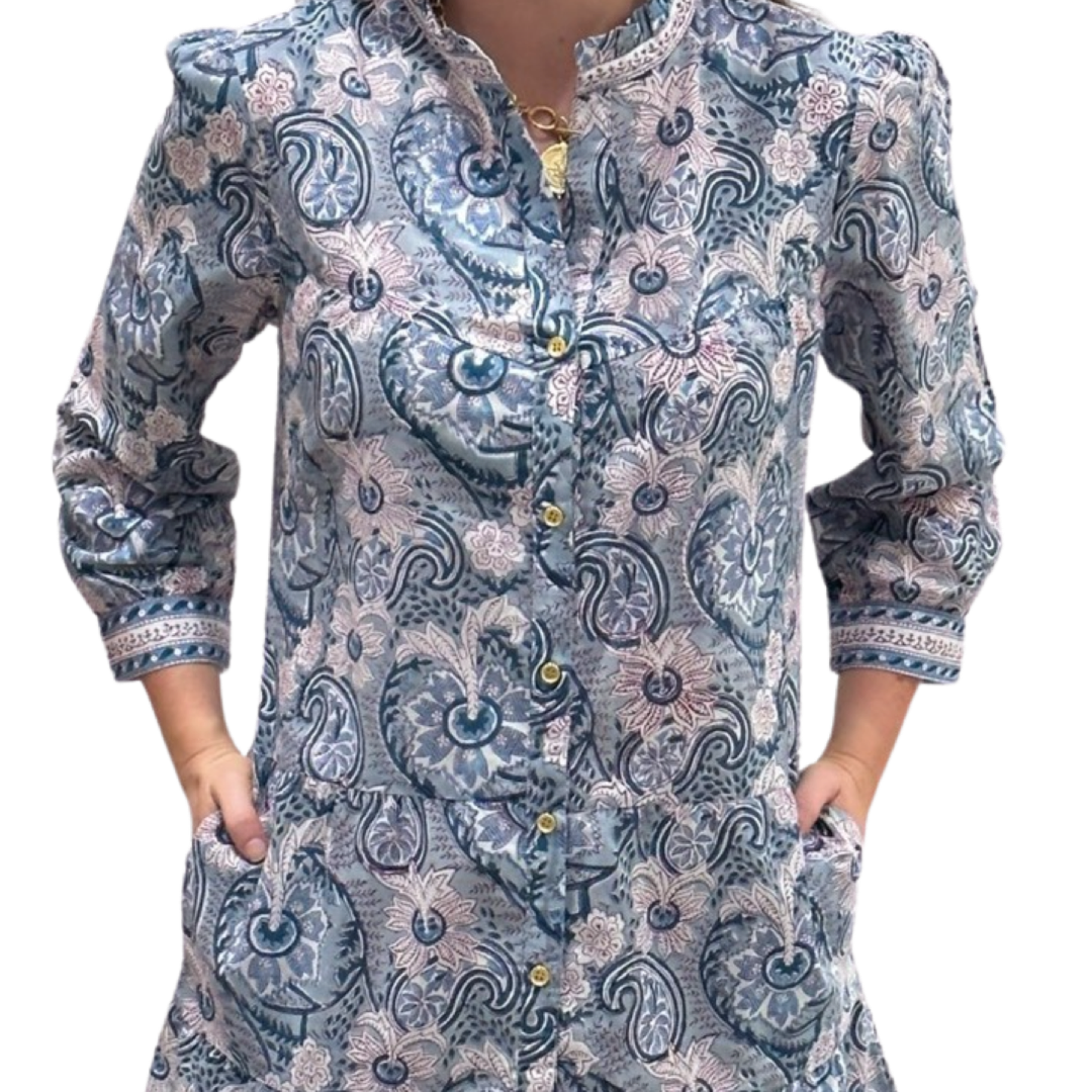 The Lacey Button Front Block Print Cotton Dress in Sage Green — view 5