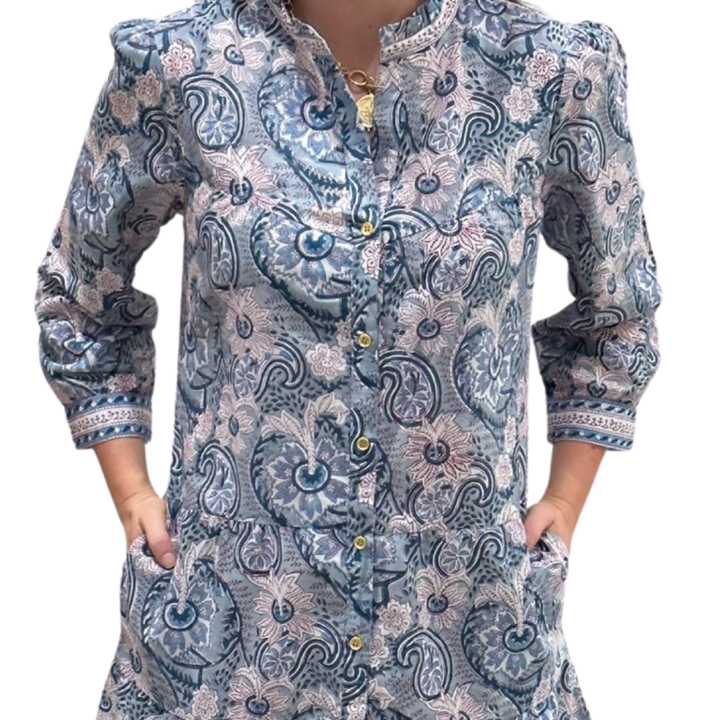 The Lacey Button Front Block Print Cotton Dress in Sage Green — view 5