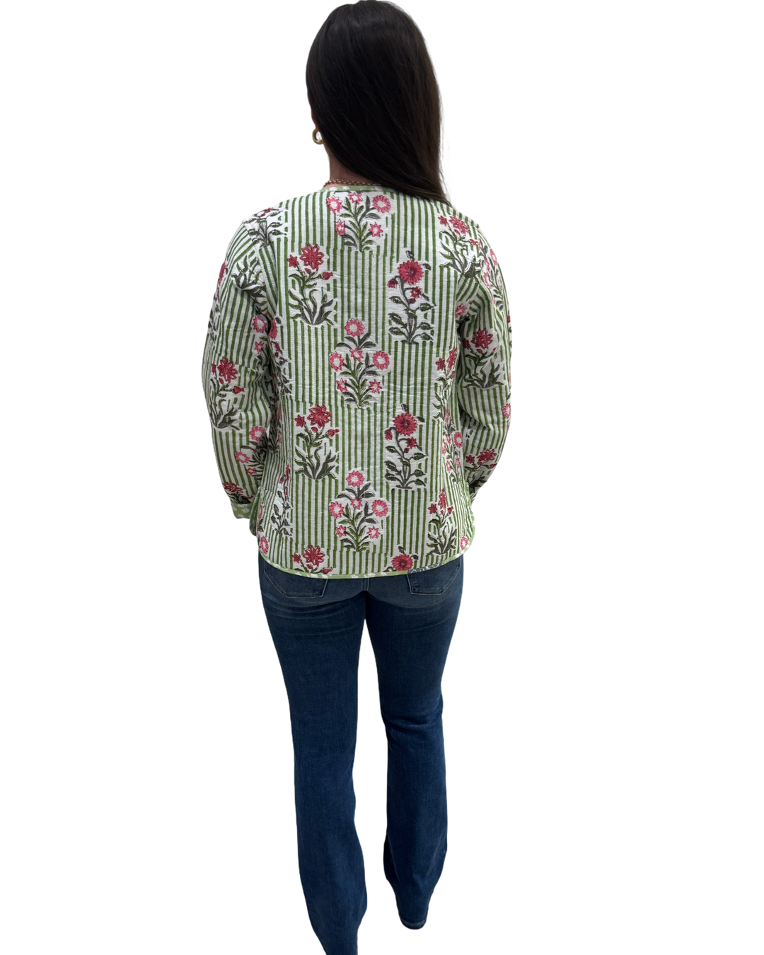 The Madeline Reversible Jacket in Green Hand-Block Striped Floral — view 5
