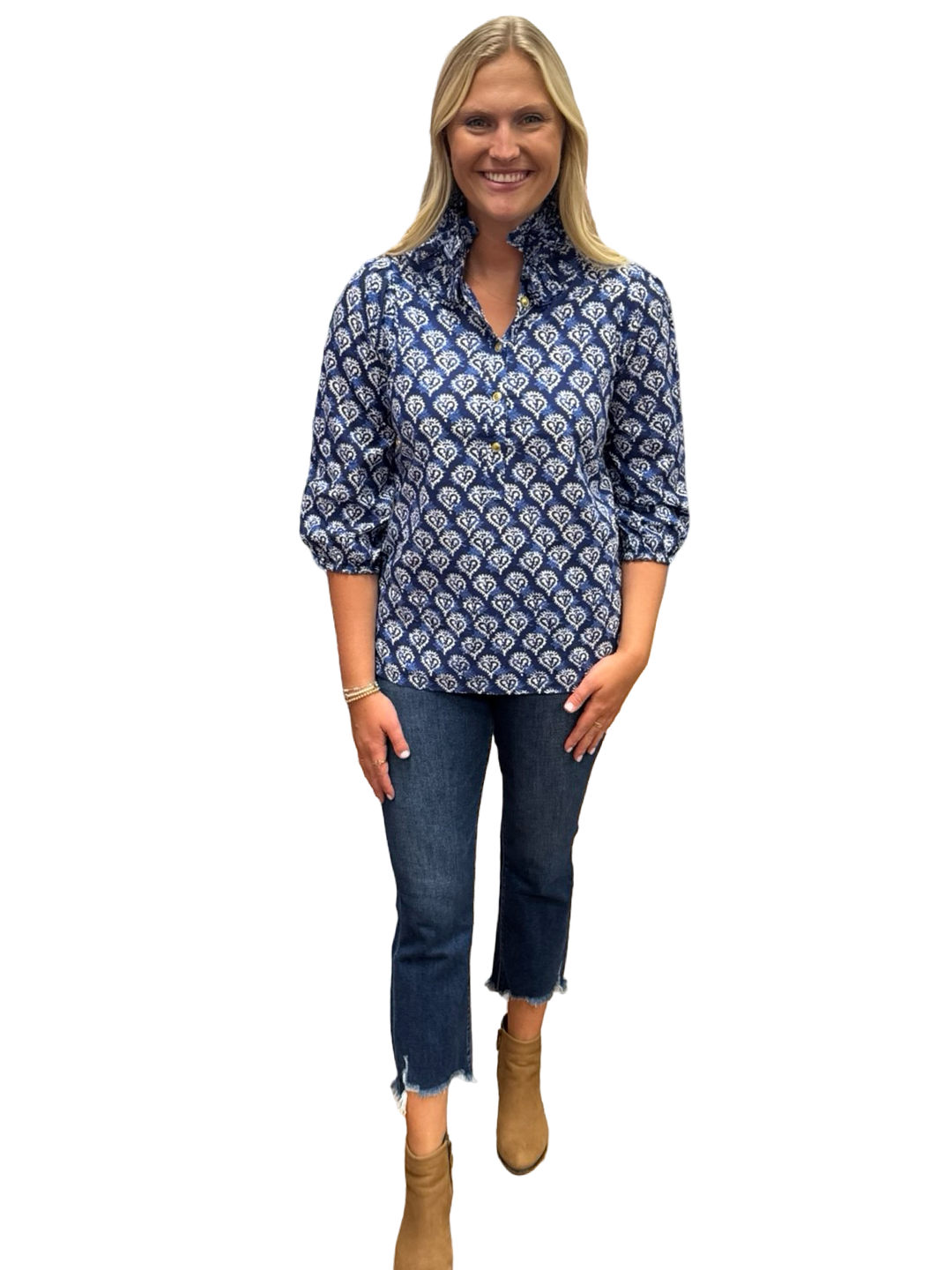 The Maria Cotton Ruffle Neck Blouse in Blue White Block Print