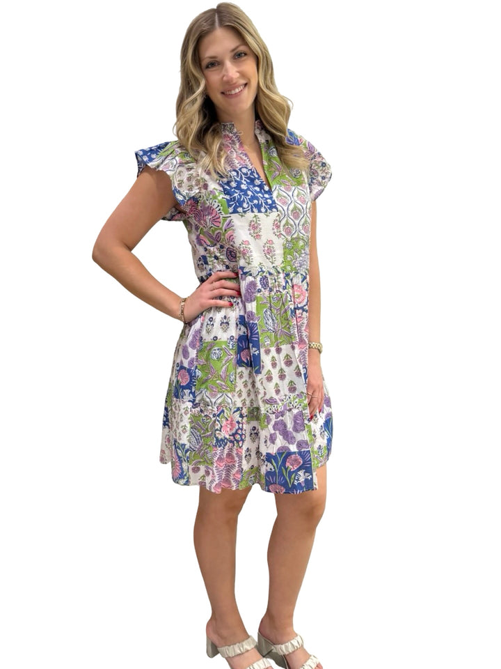 The Tinley Flutter Sleeve Dress in Vibrant Patchwork Cotton