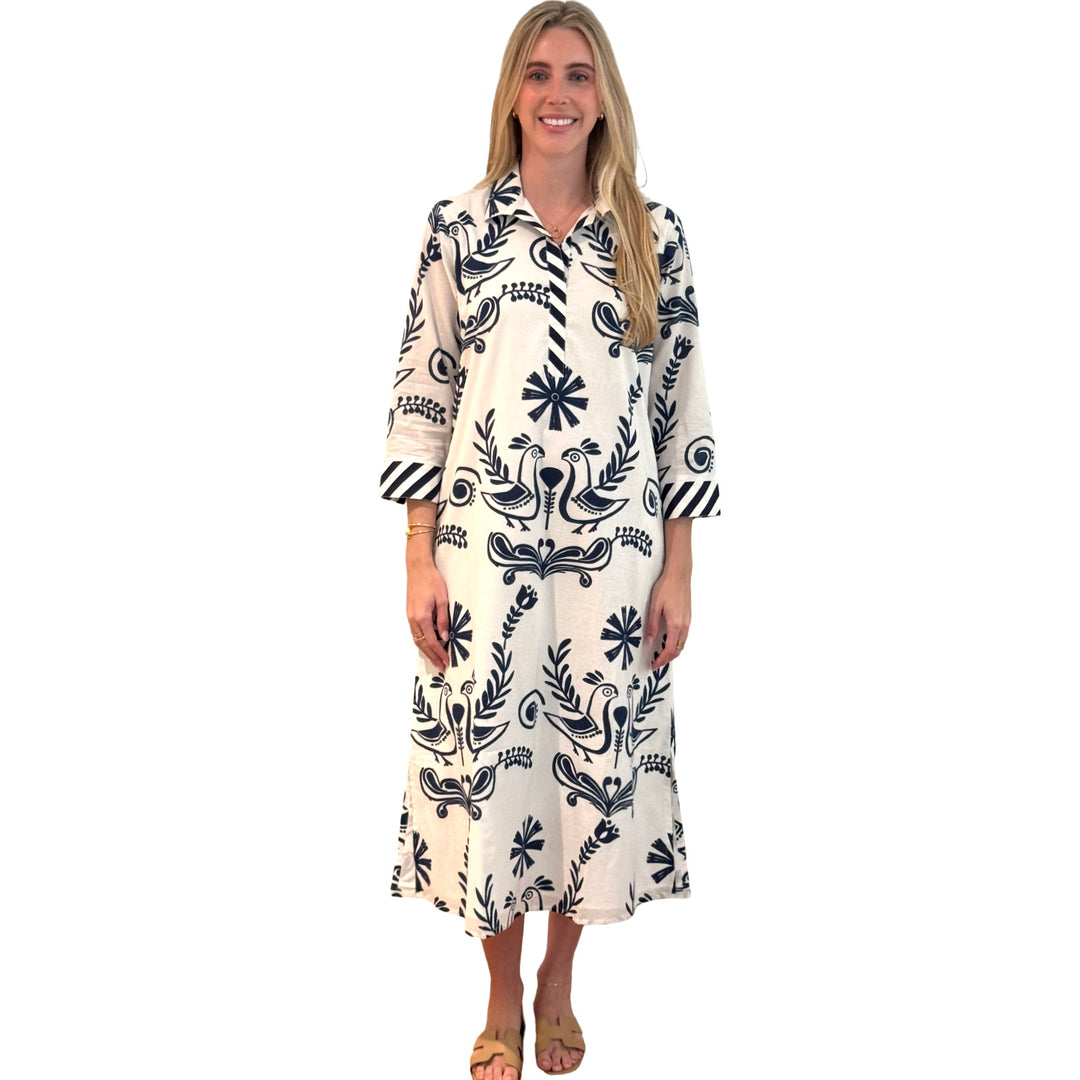 The Lisette Cotton Dress in White and Navy Bird Print — view 3