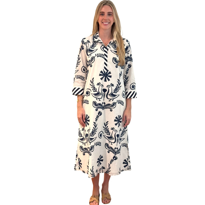 The Lisette Cotton Dress in White and Navy Bird Print — view 3