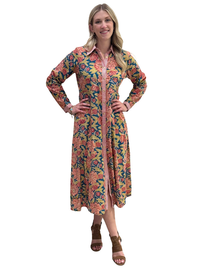 The Marion Hand Block Printed Button Front Dress in Green Red Floral — view 4