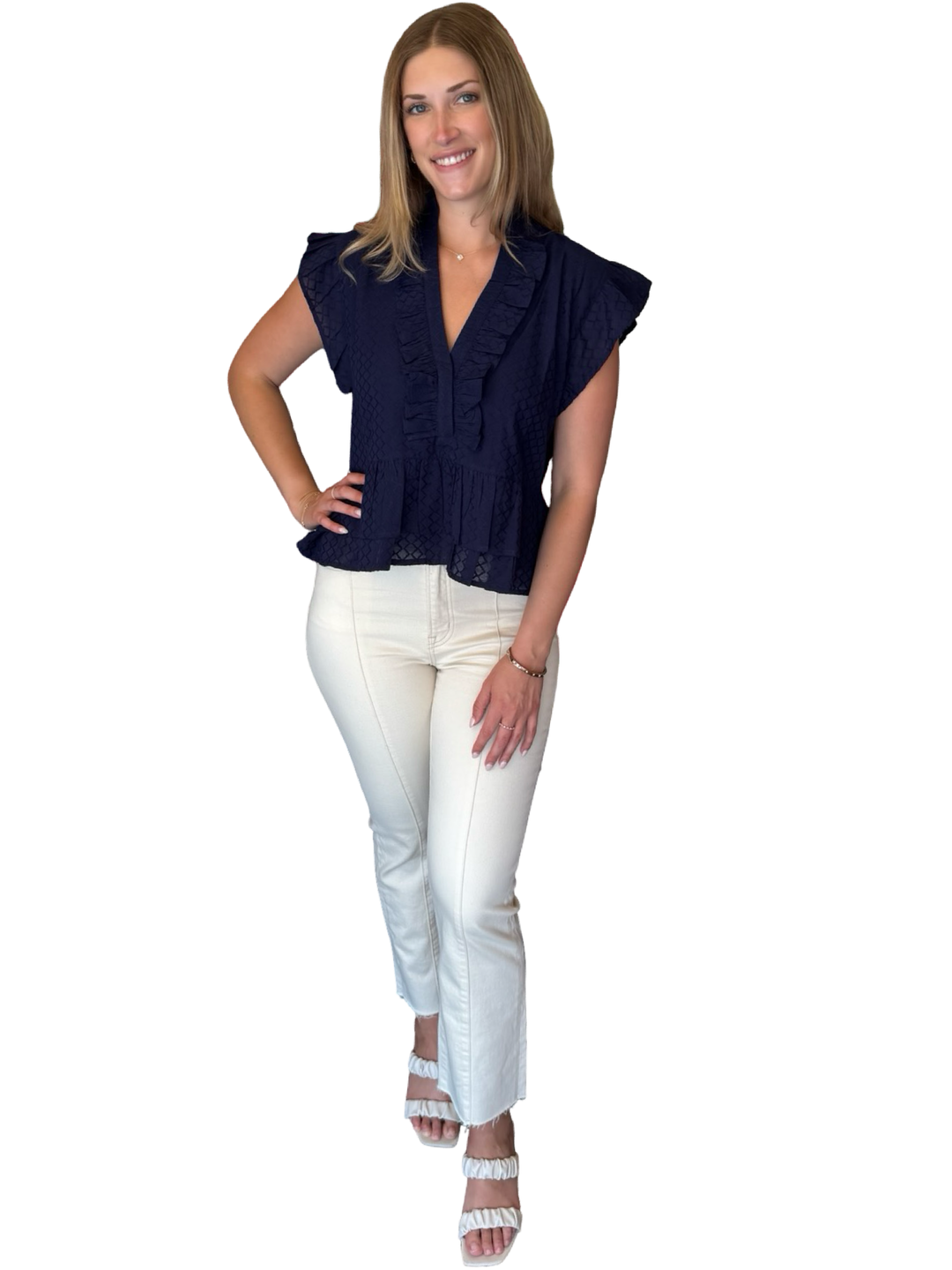 The Bella Ruffle Shirt in Navy Jacquard