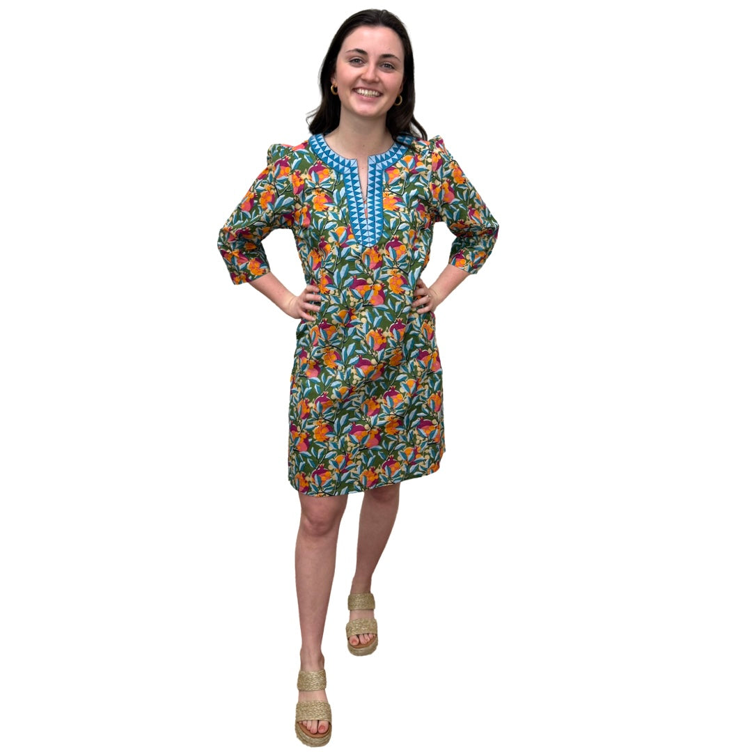 The Merrill Floral Print Embroidered Trim Tunic Dress