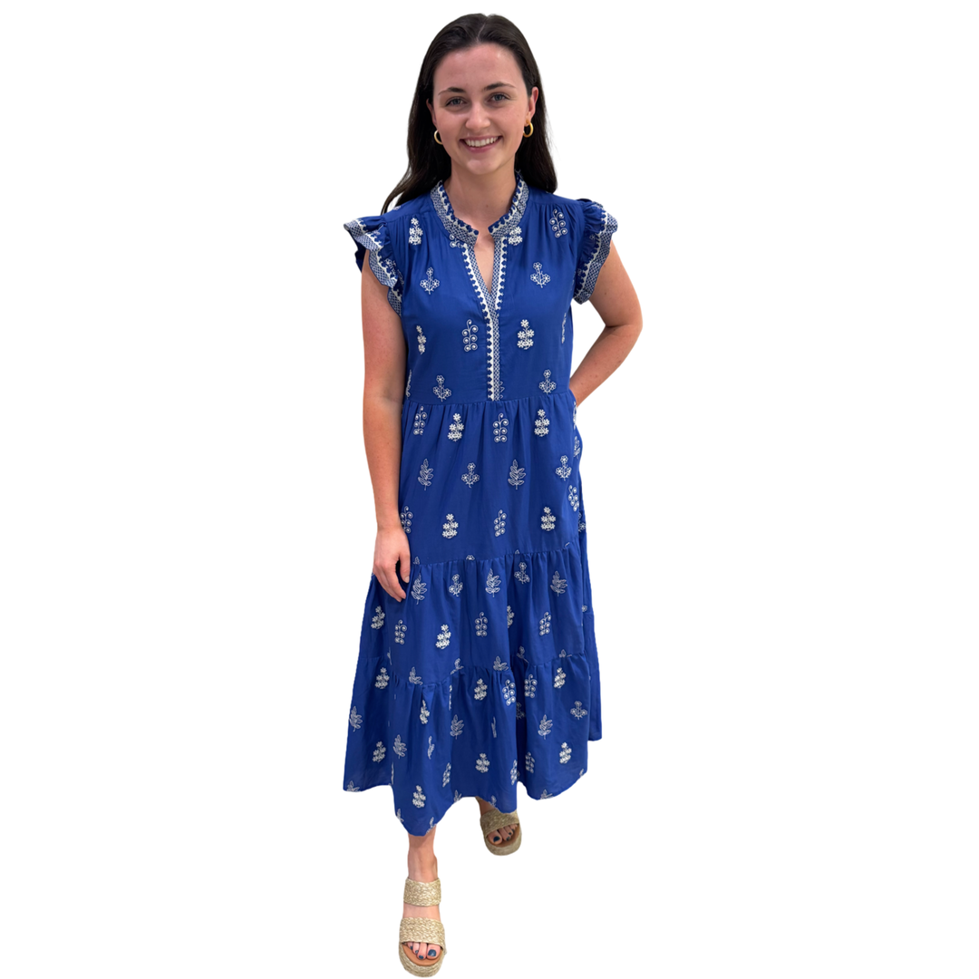 The Campbell Embroidered Dress in Royal and White
