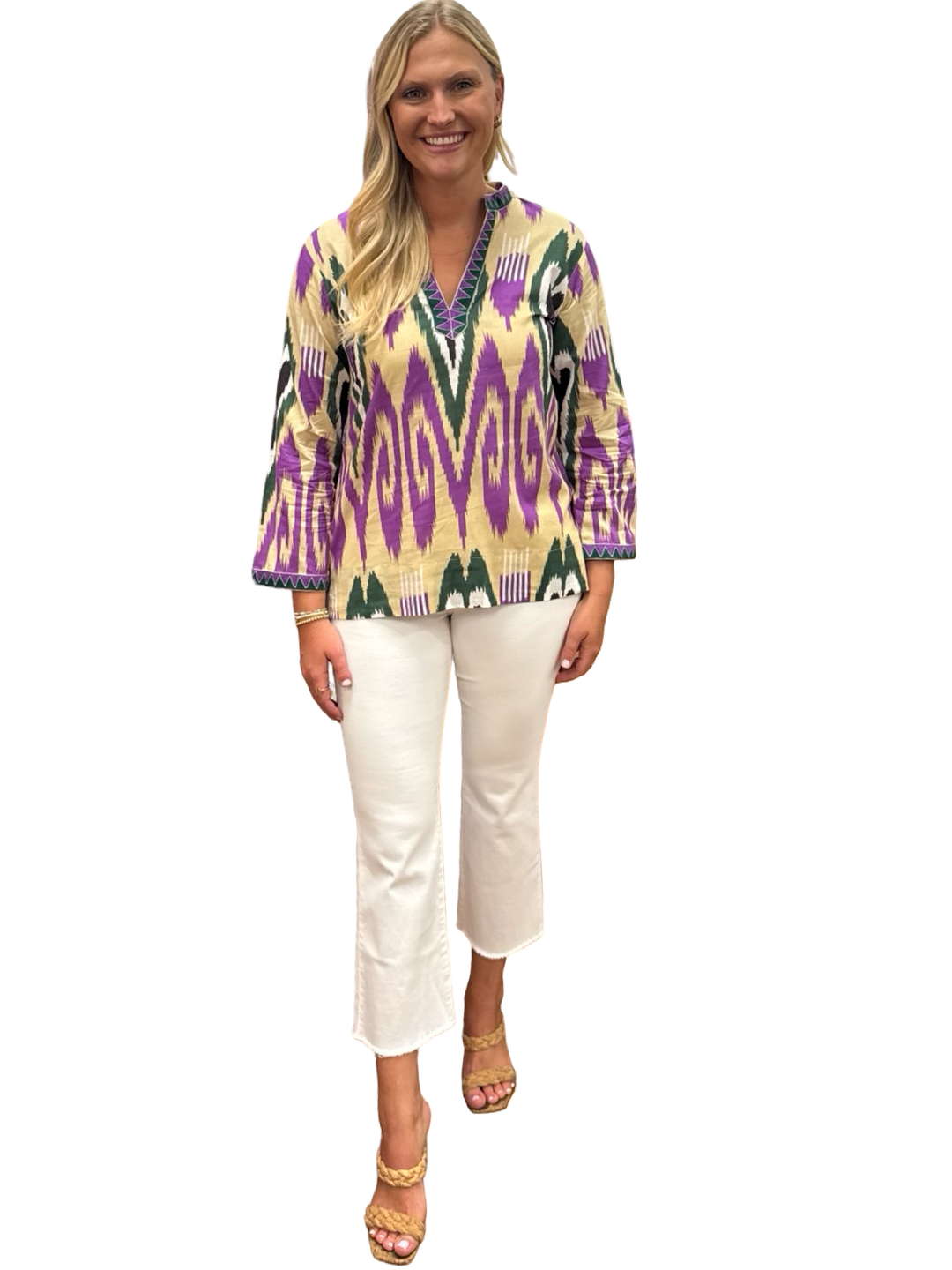 The Winslow Embroidered Trim Tunic in Green Purple Ikat