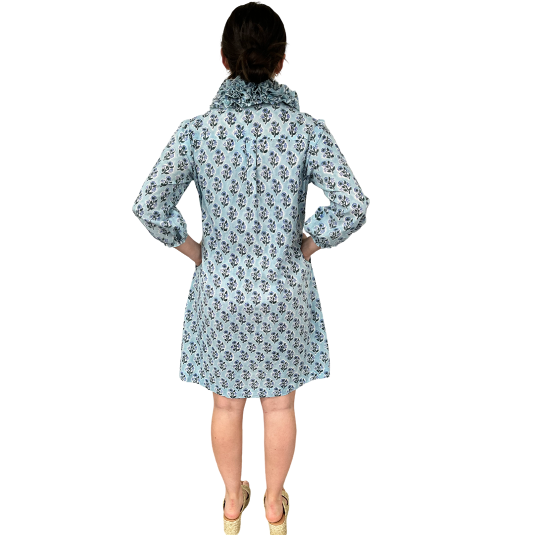 The Maria Ruffle Neck Dress in Aqua Floral Hand Blocked Cotton — view 5