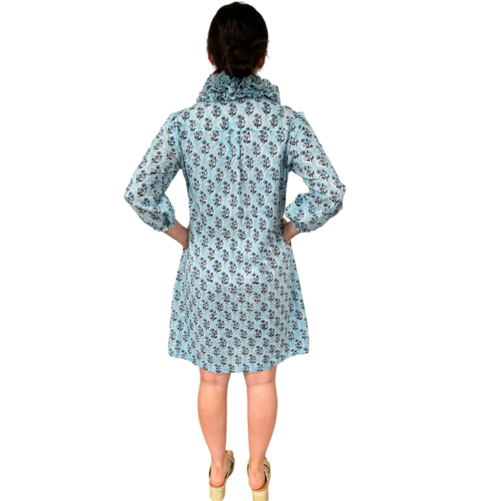 The Maria Ruffle Neck Dress in Aqua Floral Hand Blocked Cotton — view 5