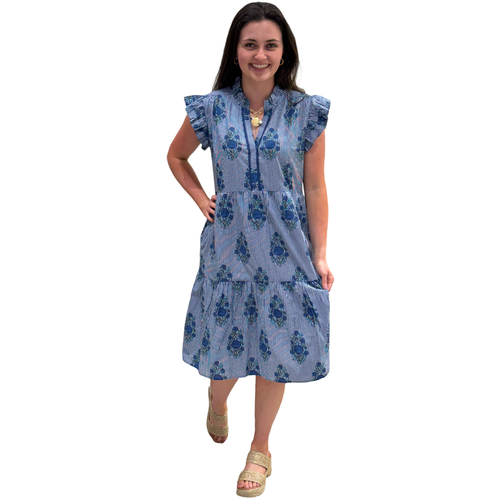 The Campbell Midi Length Dress In Blue Striped Floral — view 2