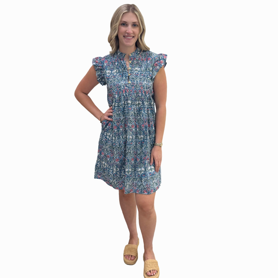 The Maggie Flutter Sleeve Dress in Blue Multi Hand Block Printed Cotton — view 2