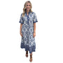 The Campbell Short Sleeve Long Hand Blocked Floral Border Print Dress in Blue and White