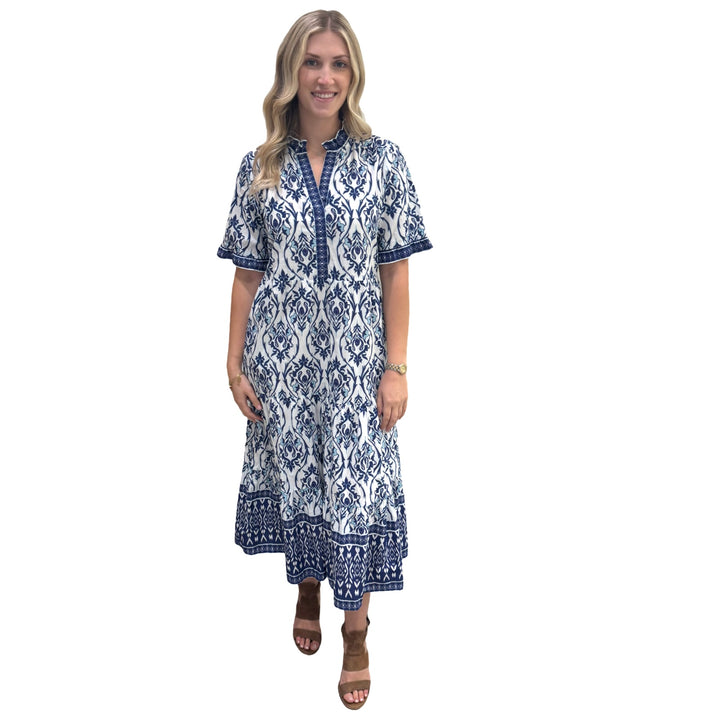 The Campbell Short Sleeve Long Hand Blocked Floral Border Print Dress in Blue and White