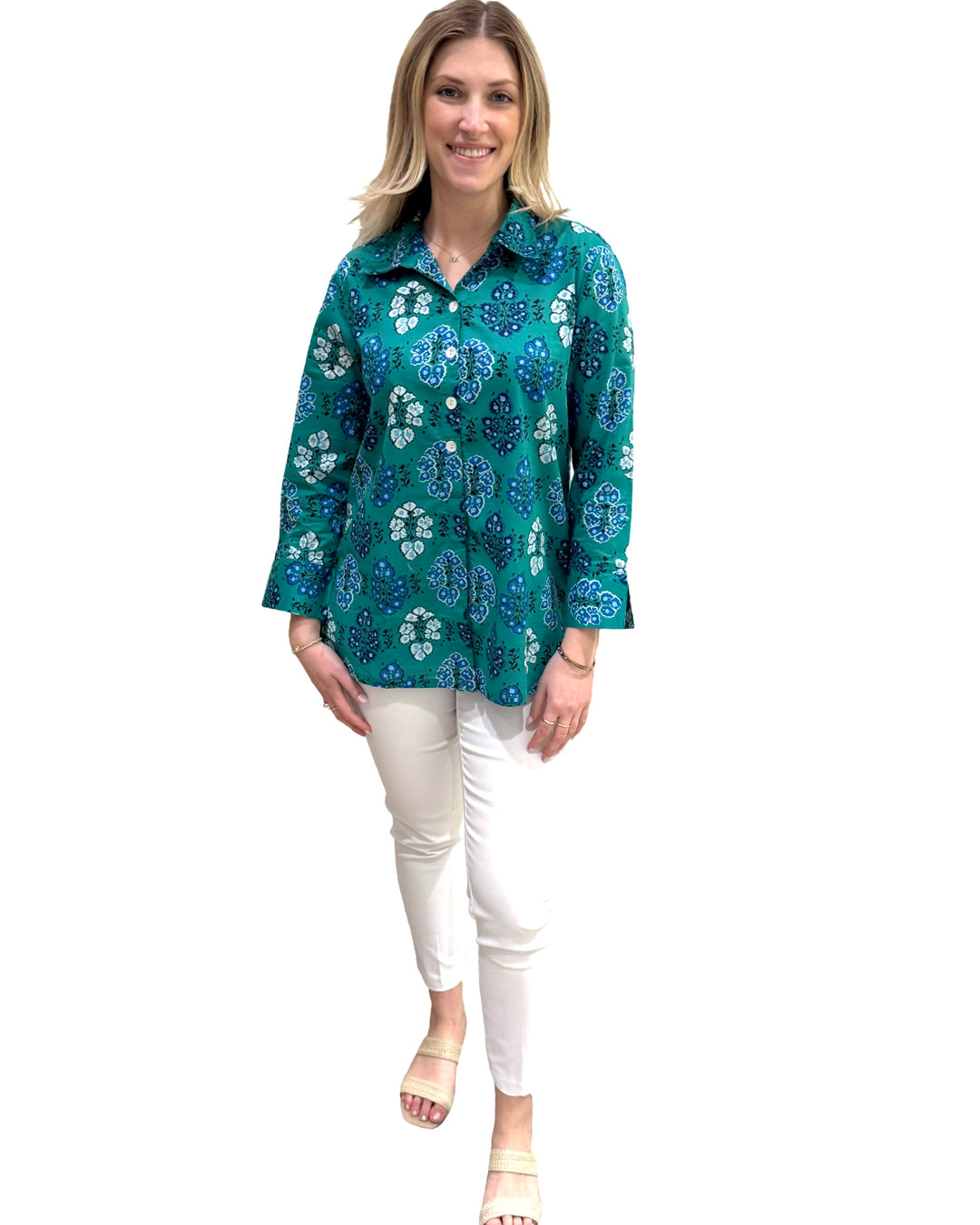 The Mason Button Front Tunic in Green Blue Floral Print