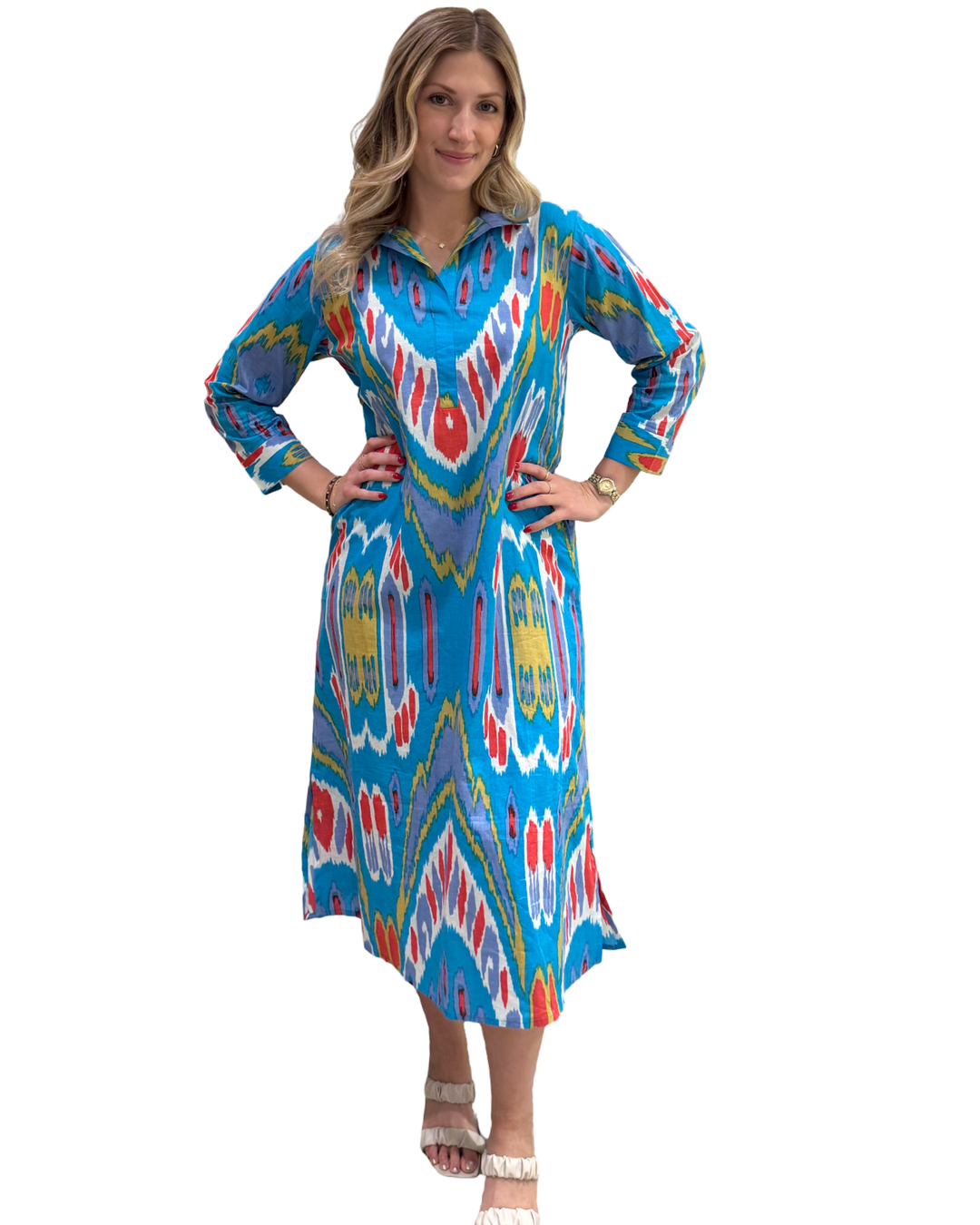 The Lisette Cotton Dress in Turquoise Red Ikat