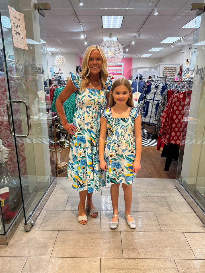 The Cloey Panther Print Dress in Blue Yellow Multi — view 6