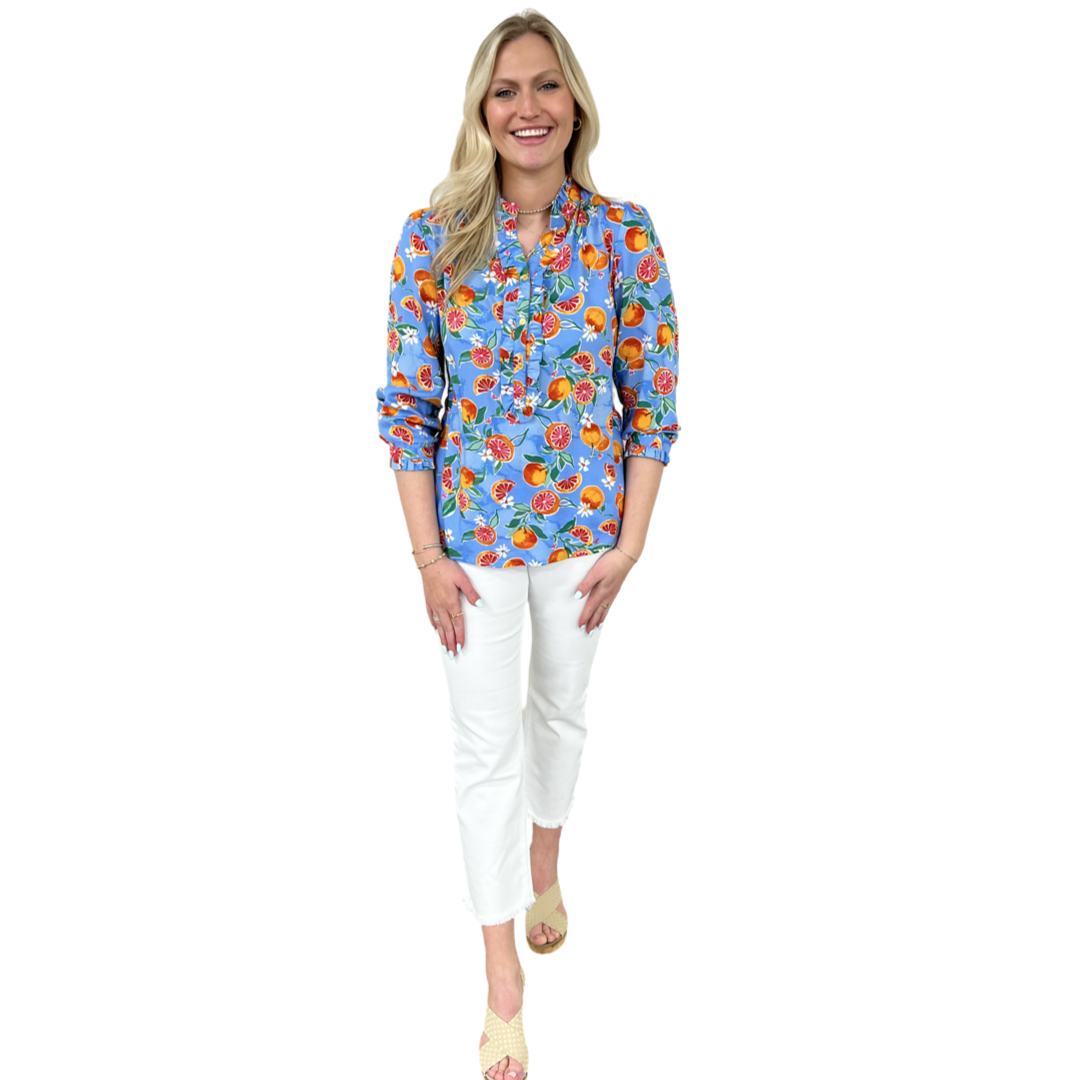 The Carrie Fresh Squeezed Orange Print Blouse in Periwinkle Blue — view 4