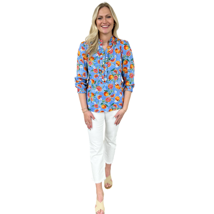 The Carrie Fresh Squeezed Orange Print Blouse in Periwinkle Blue — view 4