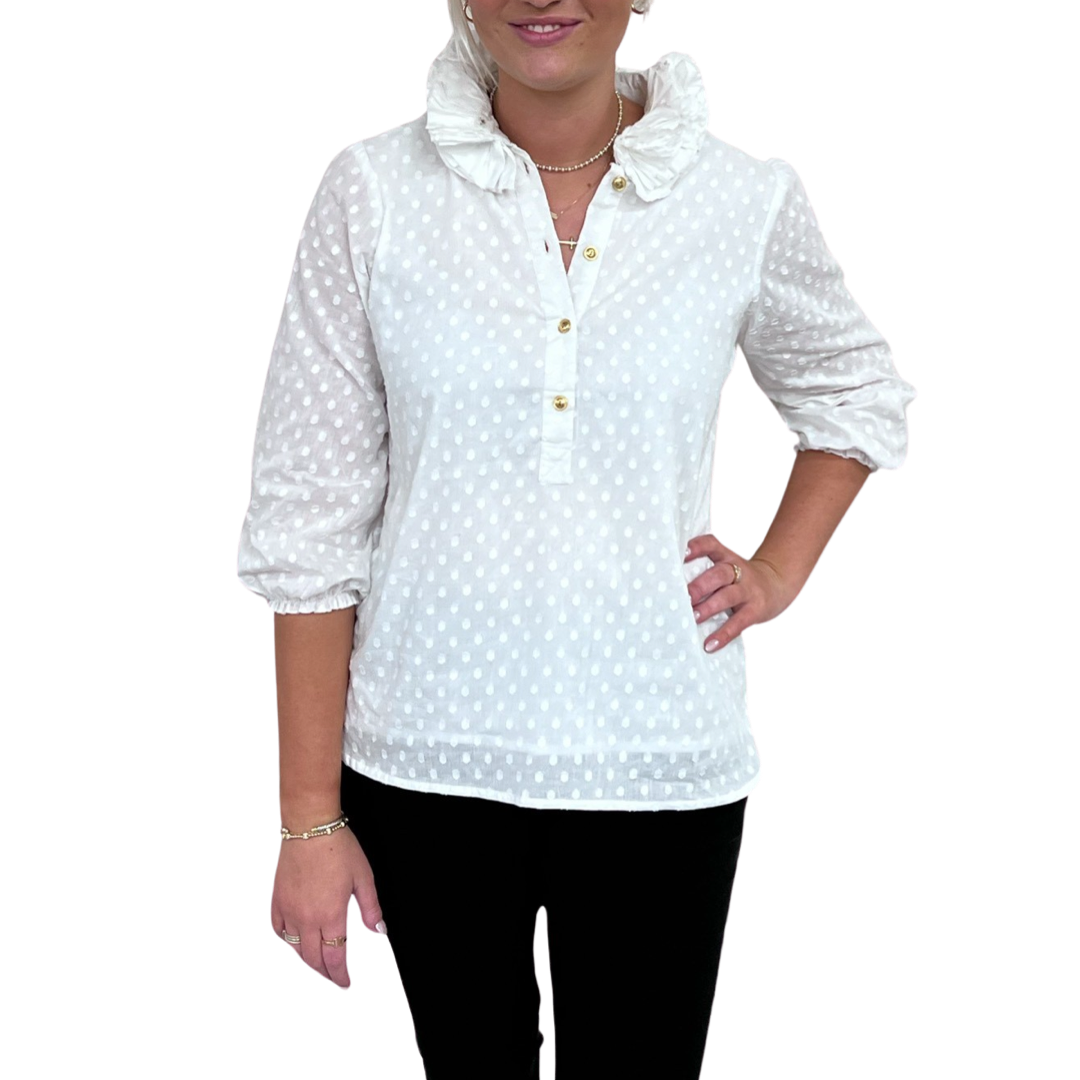 The Maria Ruffle Neck Top in White on White Dot — view 3
