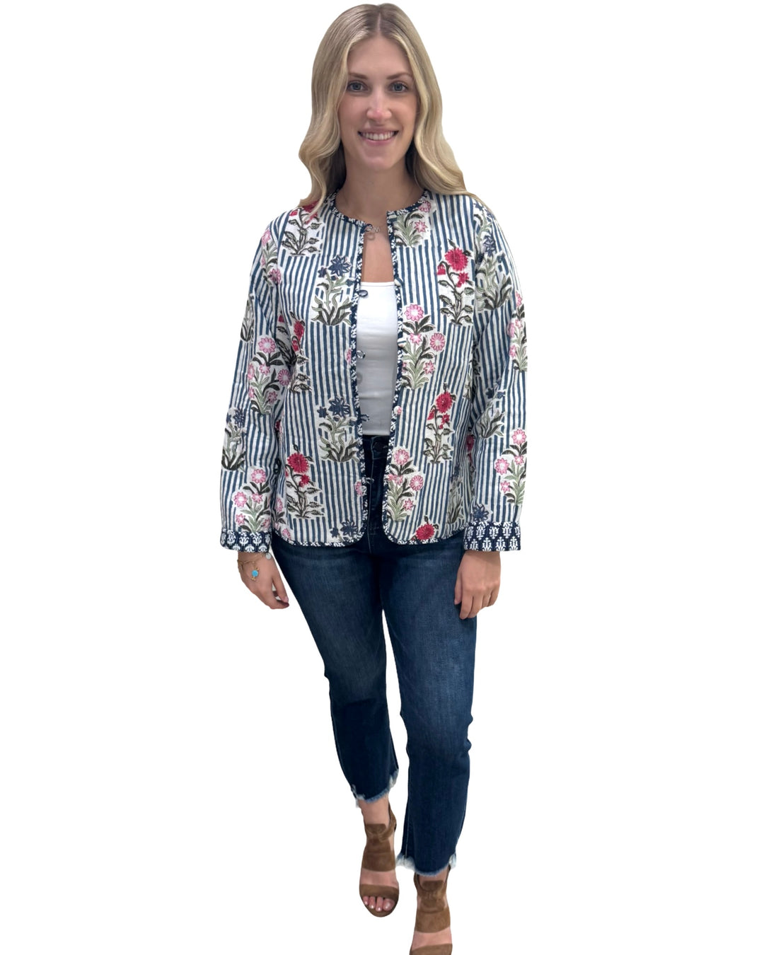 The Madeline Reversible Hand Block Printed Jacket in Blue Striped Floral