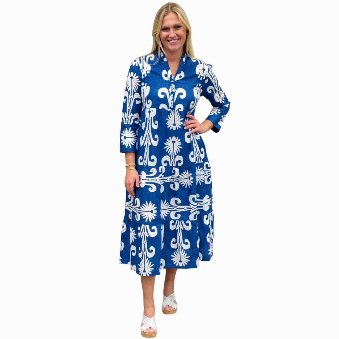 The Addison Dress in Blue White With Self Covered Button Placket — view 3
