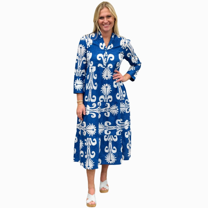 The Addison Dress in Blue White With Self Covered Button Placket — view 3