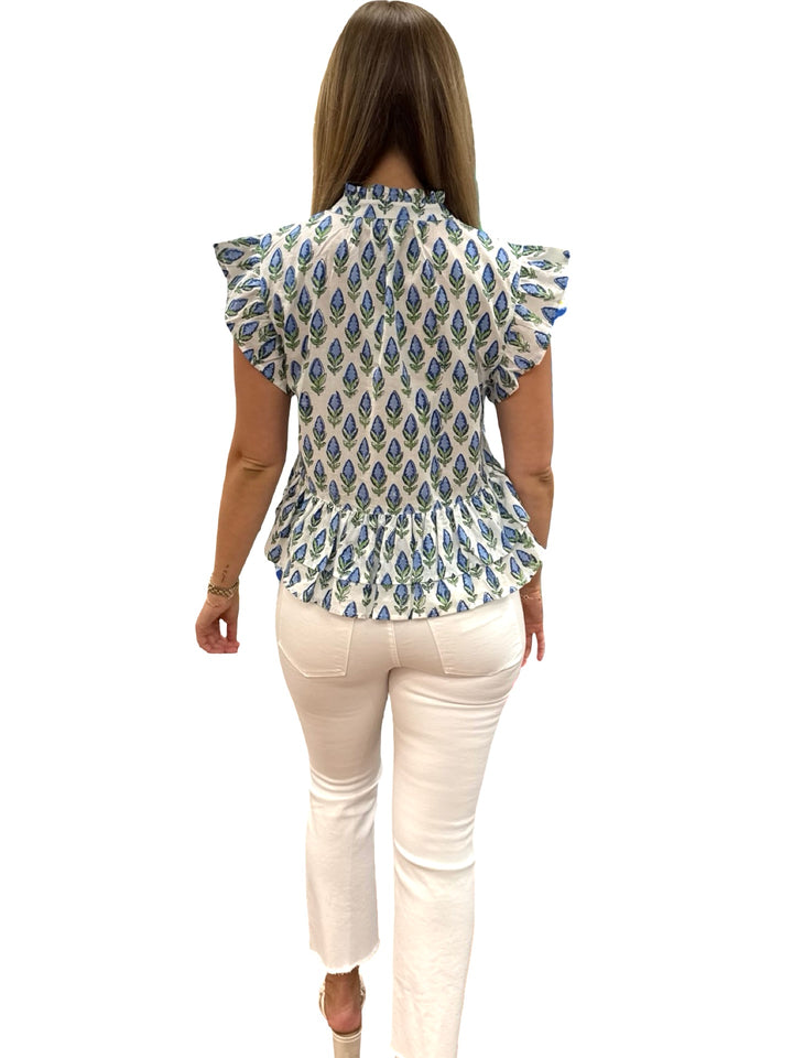 The Bella Ruffle Top in Blue Tulip Hand Block Printed Cotton — view 5