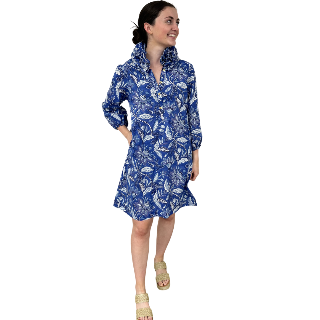 The Maria Ruffle Collar Navy Floral Cotton Hand-Block Printed Dress — view 2