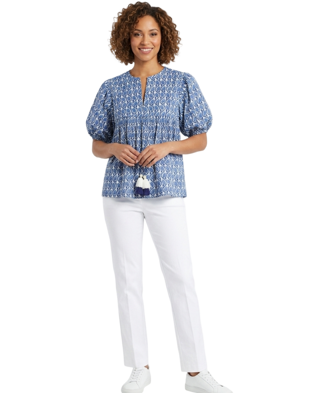 The Poppy Puff Sleeve Top in Blue White Floral Hand-Block Printed Cotton