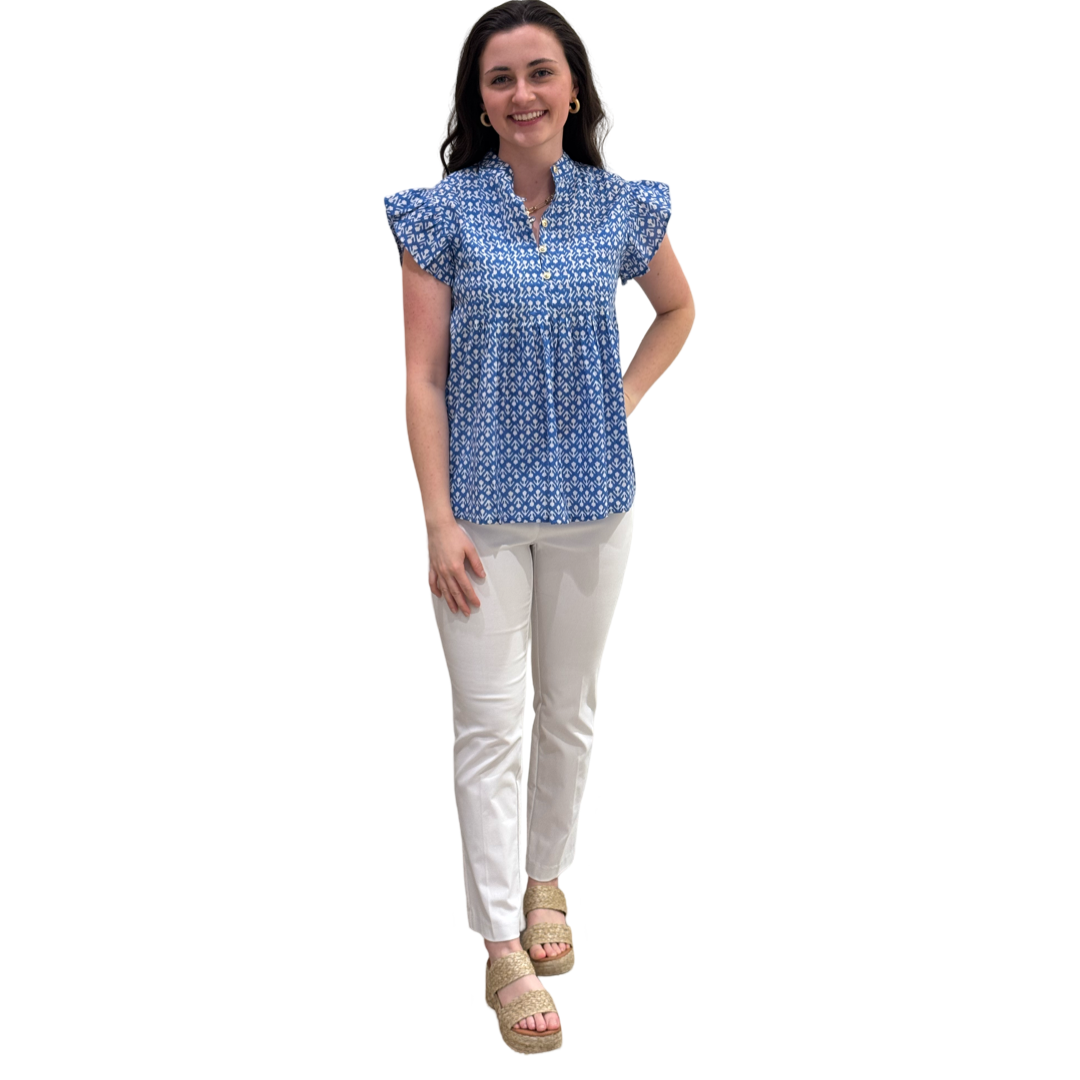 The Ava Pin Tuck Flutter Sleeve Top in Ocean Blue and White Floral — view 4