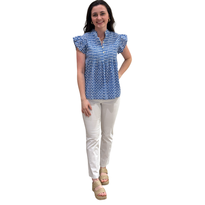 The Ava Pin Tuck Flutter Sleeve Top in Ocean Blue and White Floral — view 4