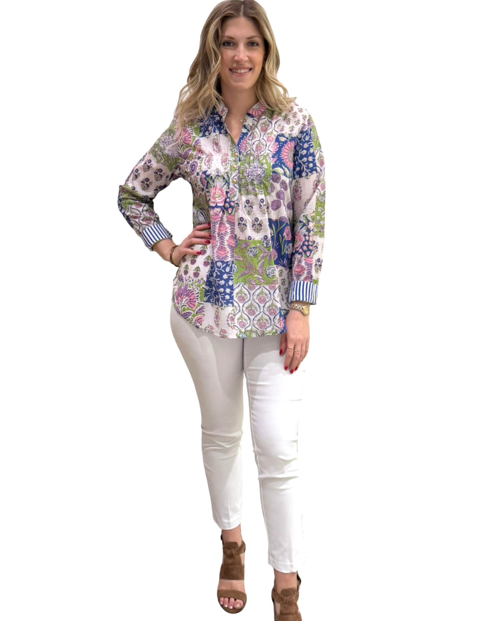 The Avery Cotton Top in Vibrant Patchwork Print — view 2