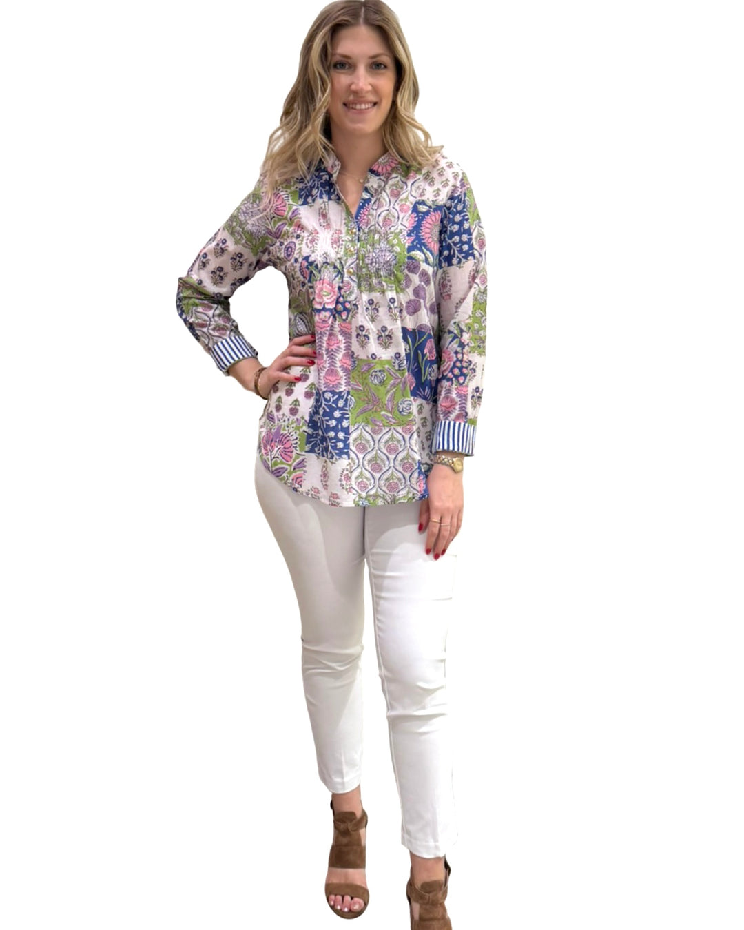 The Avery Cotton Top in Vibrant Patchwork Print — view 2