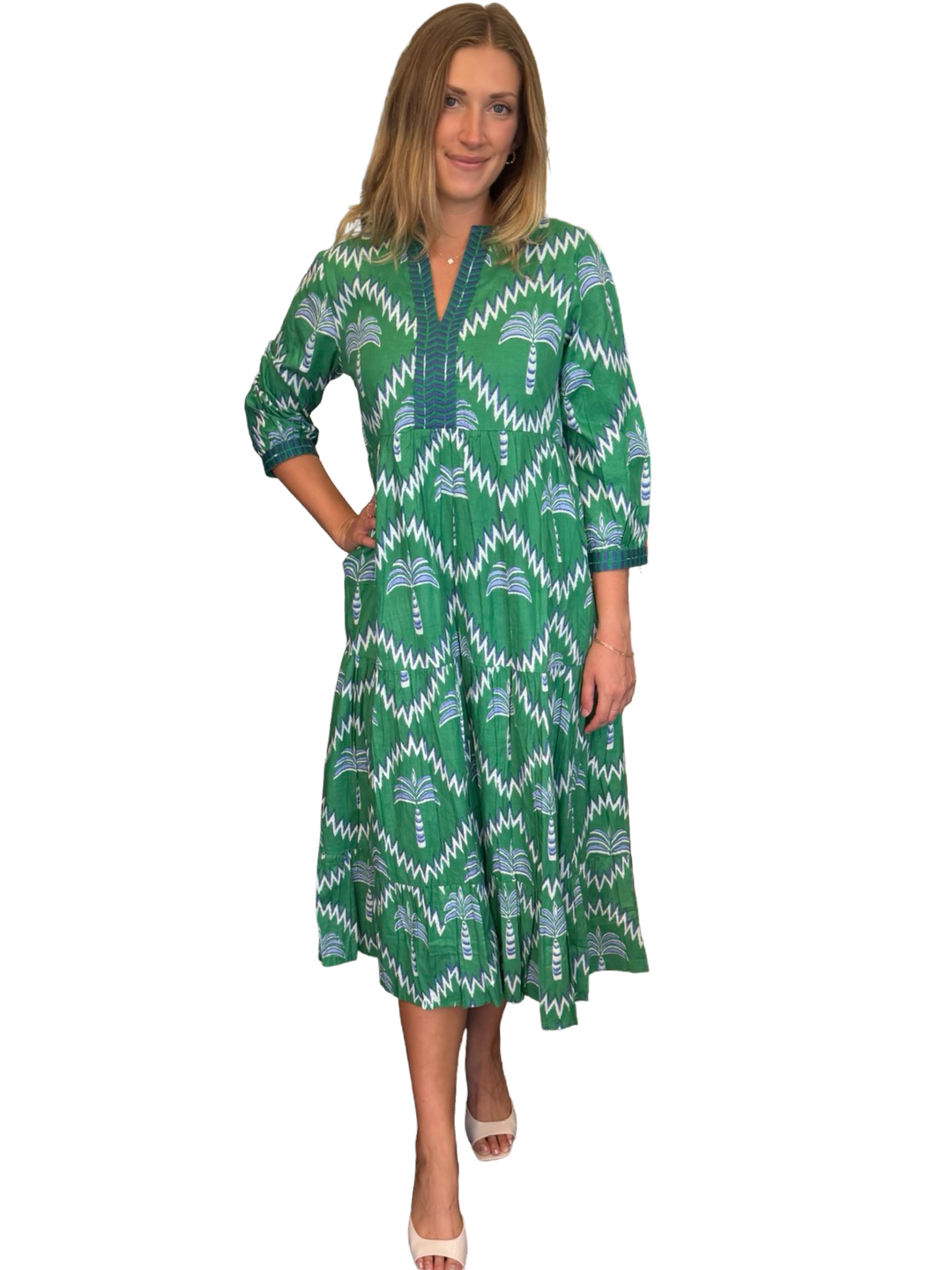 The Daniella Cotton Embroidered Trim Dress in Green Blue Palm Print