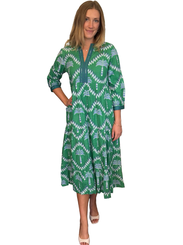 The Daniella Cotton Embroidered Trim Dress in Green Blue Palm Print