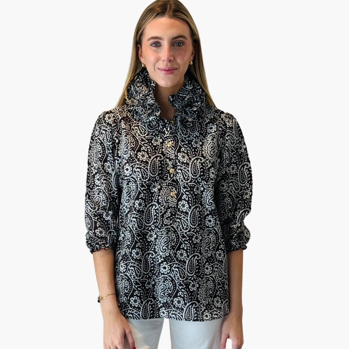 The Maria Ruffle Collar Blouse in Black and White — view 4