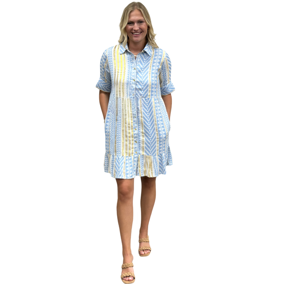 The Reagan Collared Button Front Short Sleeve Dress in Blue Gold Jacquard — view 3