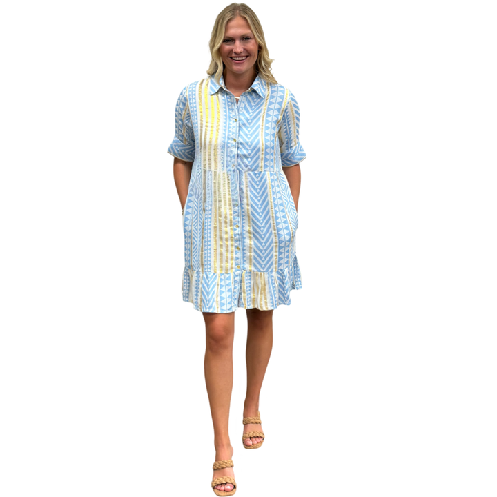 The Reagan Collared Button Front Short Sleeve Dress in Blue Gold Jacquard — view 3