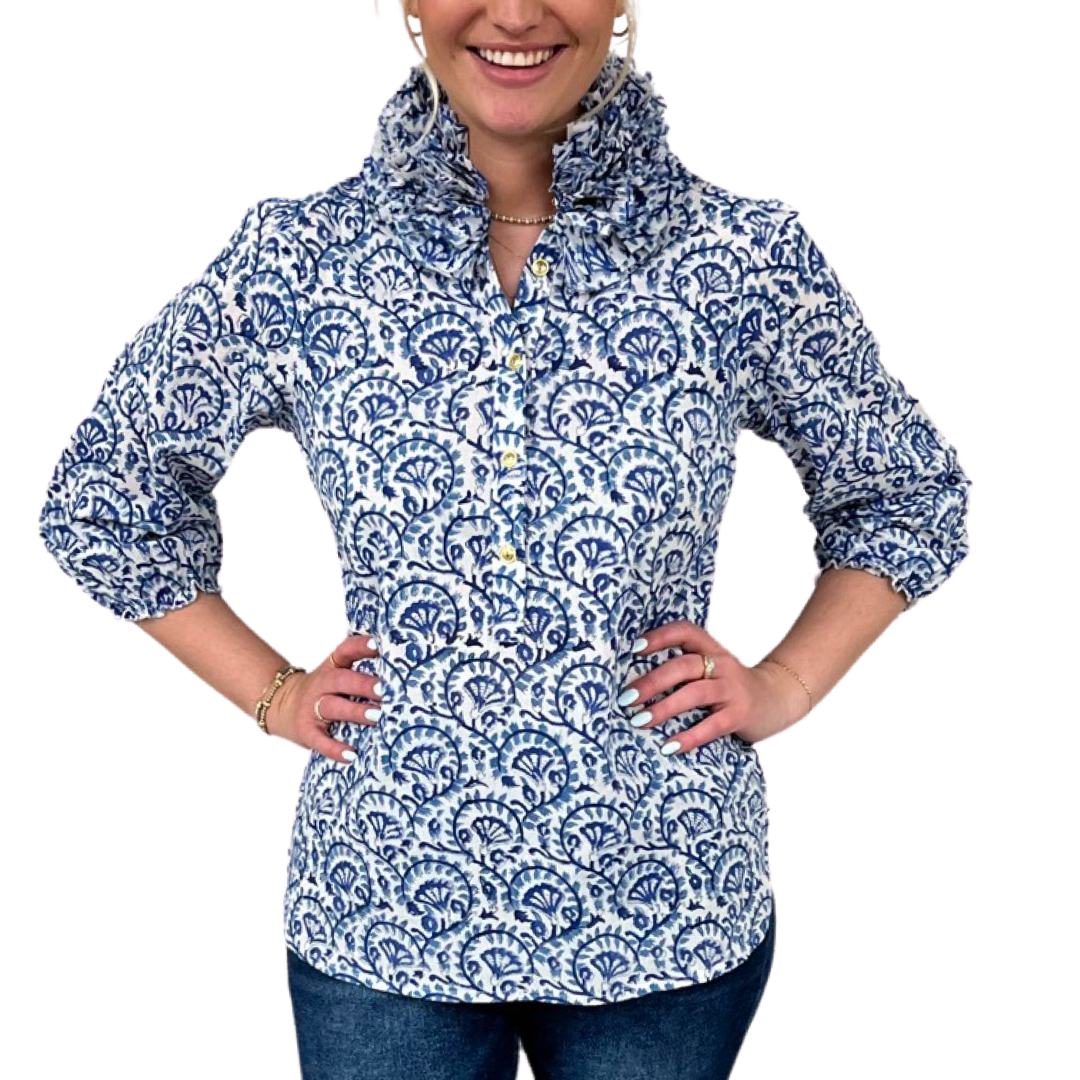 The Maria Ruffle Neck Cotton Blouse in White Blue Hand Blocked Floral — view 4