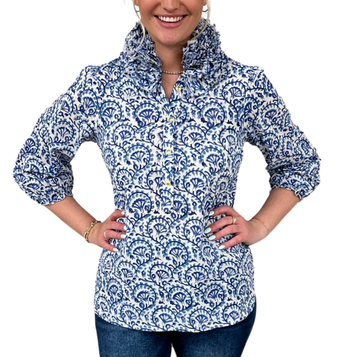 The Maria Ruffle Neck Cotton Blouse in White Blue Hand Blocked Floral — view 4