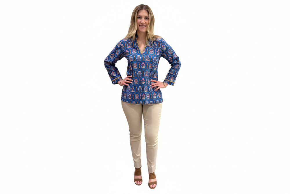 The Winslow Gold Bead Trim Tunic in Blue — view 2