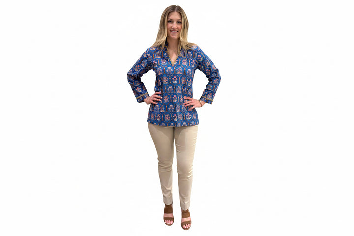 The Winslow Gold Bead Trim Tunic in Blue — view 2