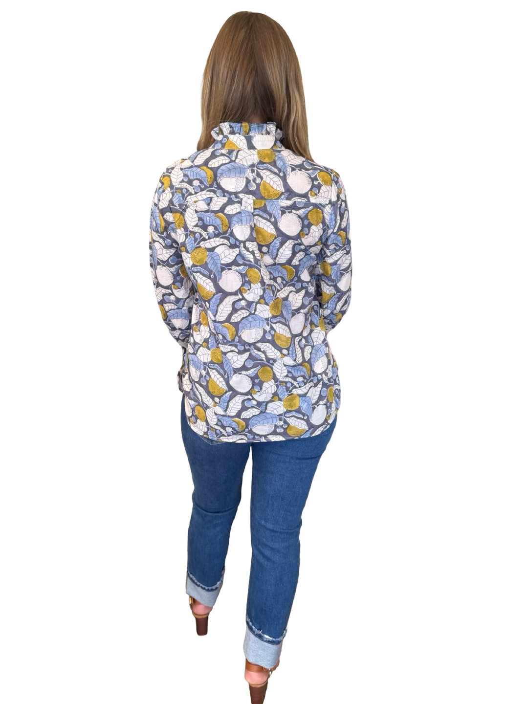 The Tricia Ruffle Trim Top in Grey Blue Leaf Print