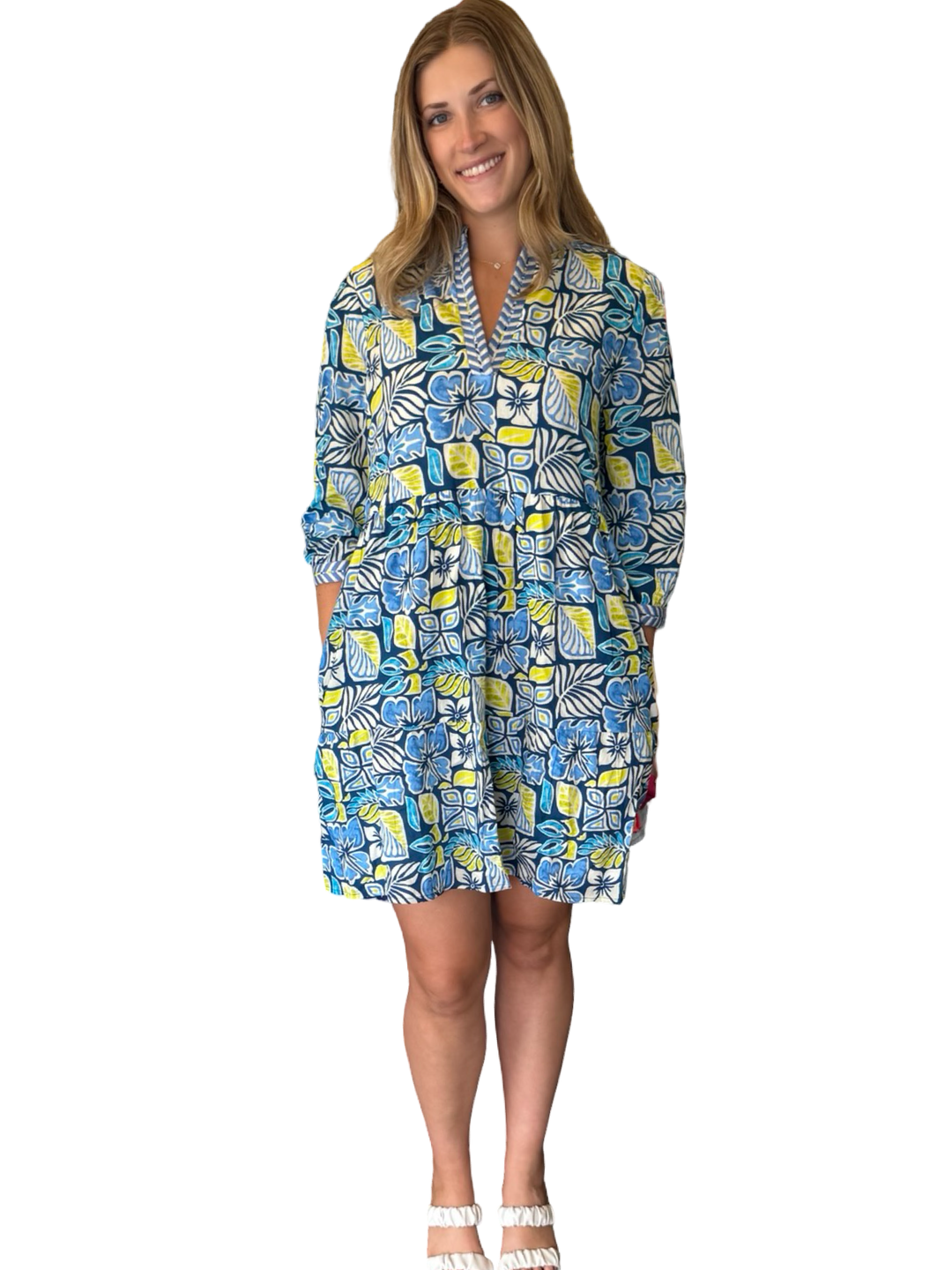 The Daniella Embroidered Trim 3/4 Sleeve Dress in Blue Green Multi — view 4