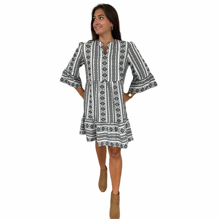 The Alexandra Black and White Jacquard 3/4 Sleeve Dress — view 3