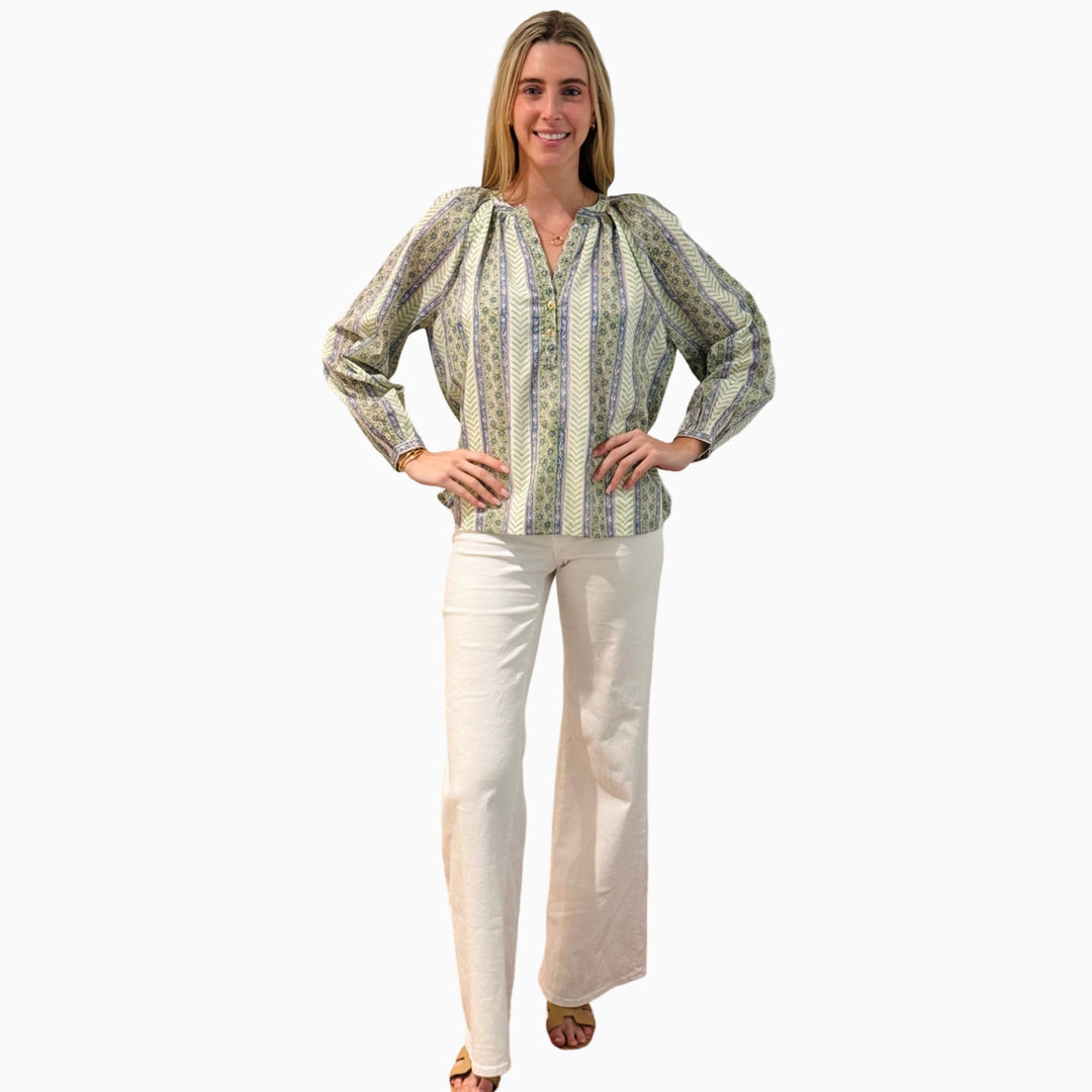 The Chandler Cotton Top in Light Green Hand Blocked Chevron Floral — view 5
