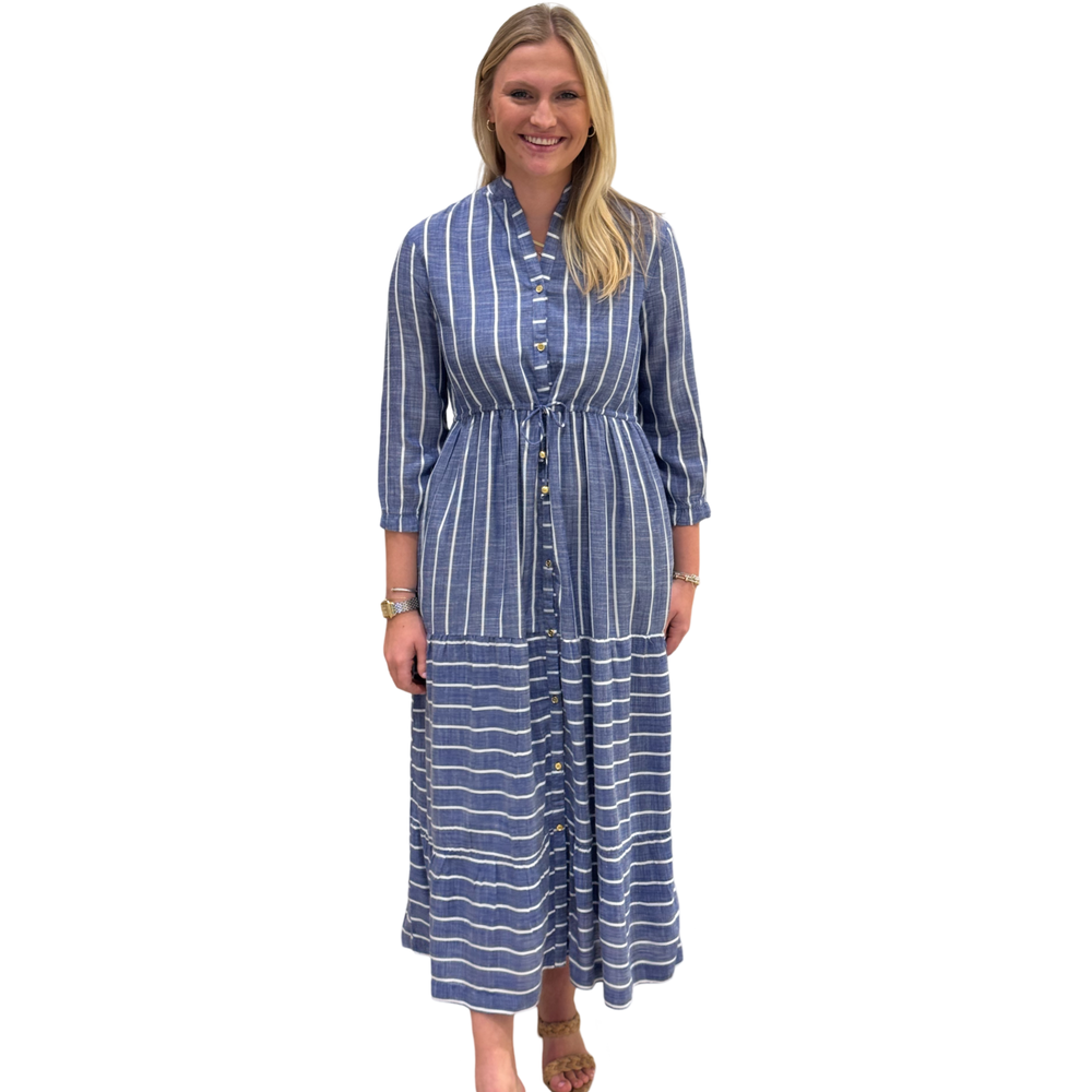 The Hamilton Chambray Stripe Tie Waist Dress in Blue and White — view 2